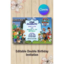 Twin Minecraft and Paw Patrol Invitation | Canva Template